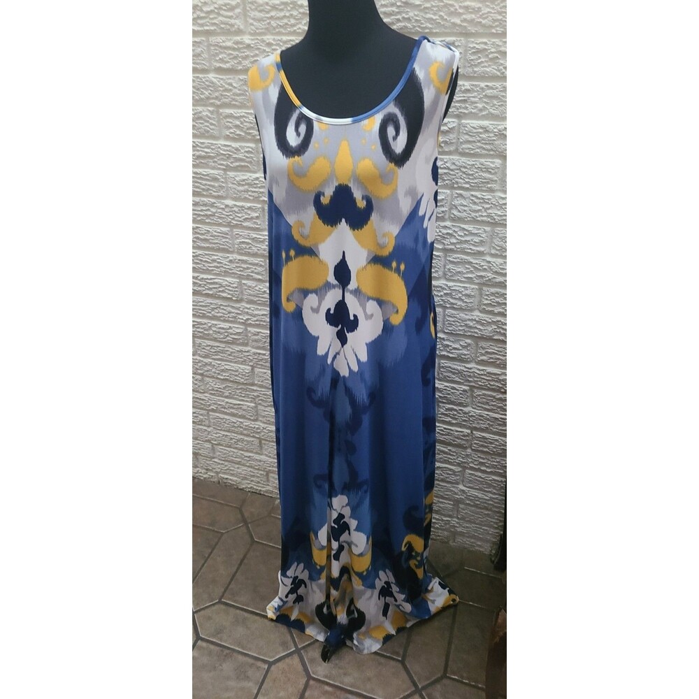 NY Collection Women's Blue Print Geo Stretch Maxi Dress Size Large